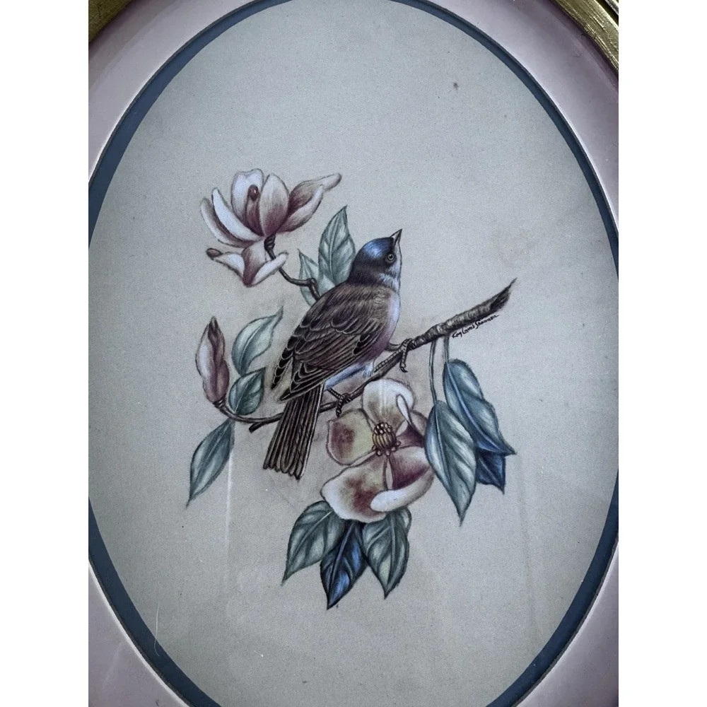 Vintage Homco Bird Magnolia Framed Print Pair Gold Oval Wall Art 11x9